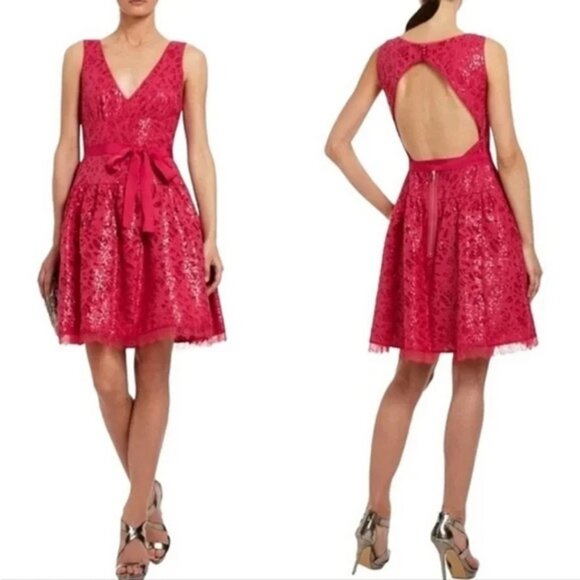 NWT BCBGMAXAZRIA Katarina Lace Sequin Pink V-neck Open Back Dress in Women's 12 - Picture 4 of 12